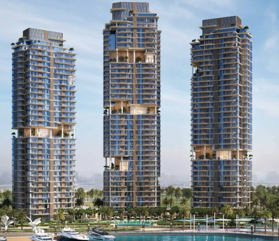 Contemporary master bedroom in The Edit at d3, featuring a modern chandelier and floor-to-ceiling windows with a city view.