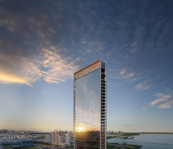 Luxury tower facade with glass balconies and skyline views