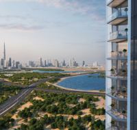 Master bedroom with panoramic windows and modern interiors