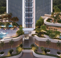 Luxury penthouse balcony with panoramic city and waterfront views