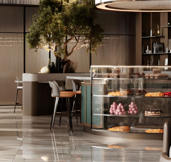 Elegant café interior with dessert display and bar stools