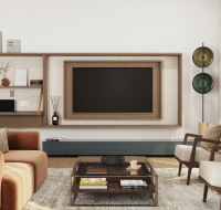 Modern living room with cozy furniture and wall-mounted TV