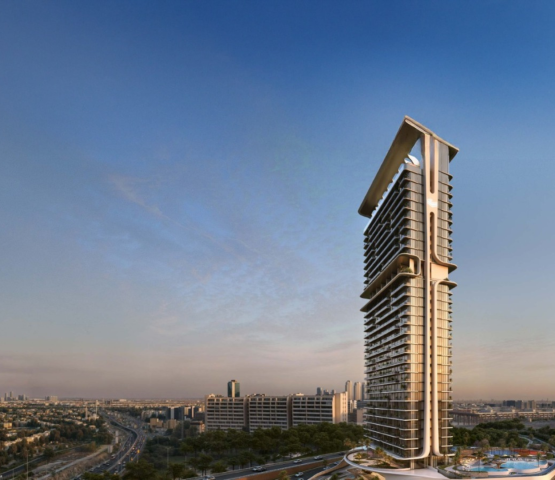 Iconic tower view from Velos Residence rooftop pool overlooking Dubai skyline