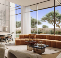 Spacious living and dining area with floor-to-ceiling windows, garden view, and hanging chair