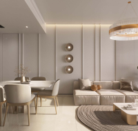 Minimalist living and dining space with soft lighting and neutral décor
