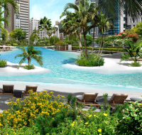 A serene view of the waterfront promenade and pristine lagoons, showcasing the natural beauty of the Meydan Horizon master plan.